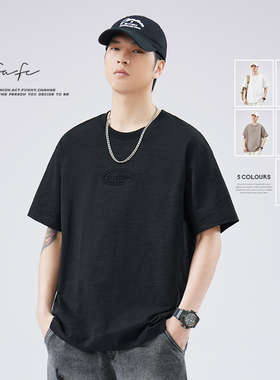 FAFC夏季新款纯棉字母立体印花短袖T恤男美式潮流休闲纯色半袖衫