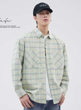 FAFC2024秋季日系复古纯棉格子衬衫男款宽松休闲翻领长袖衬衣外套