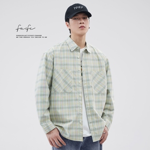 宽松休闲翻领长袖 男款 衬衣外套 日系复古纯棉格子衬衫 FAFC2024秋季
