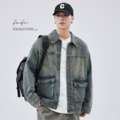 外套男宽松休闲百搭工装 高街翻领牛仔衬衫 夹克 美式 FAFC2024秋冬季