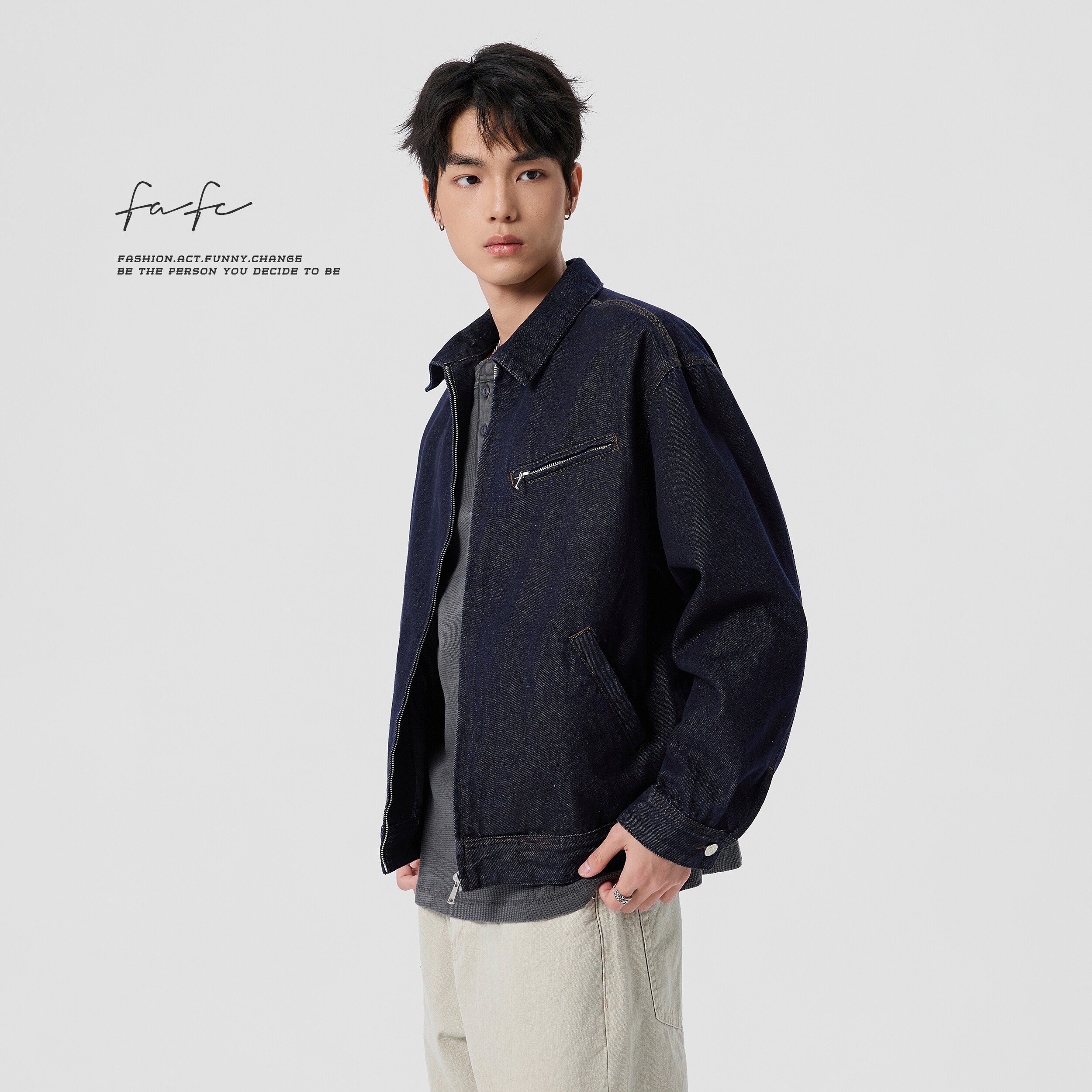 FAFC春季美式复古翻领原色牛仔夹克男款宽松休闲百搭短款工装外套