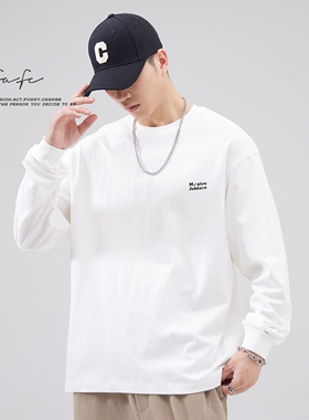 FAFC重磅纯棉长袖T恤男2024秋冬美式简约字母印花百搭圆领打底衫