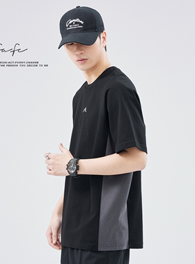 FAFC夏季新款美式潮流圆领短袖T恤男士宽松简约拼色休闲百搭体恤