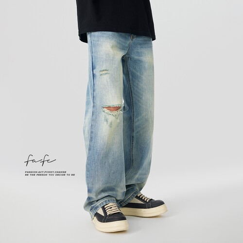 FAFC复古水洗做旧破洞牛仔裤
