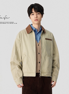 FAFC秋冬季美式复古重磅珠帆布短款夹克男底特律宽松休闲工装外套