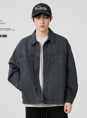 FAFC春季重磅纯棉翻领衬衫男美式复古水洗做旧工装衬衣夹克外套潮