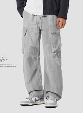 FAFC秋季美式复古印染做旧工装休闲裤男大口袋宽松直筒阔腿长裤子