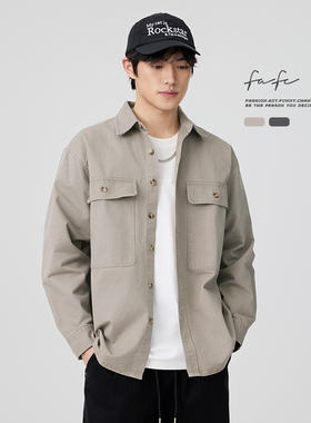 FAFC春季重磅美式复古纯棉翻领长袖衬衫男宽松工装衬衣夹克外套潮
