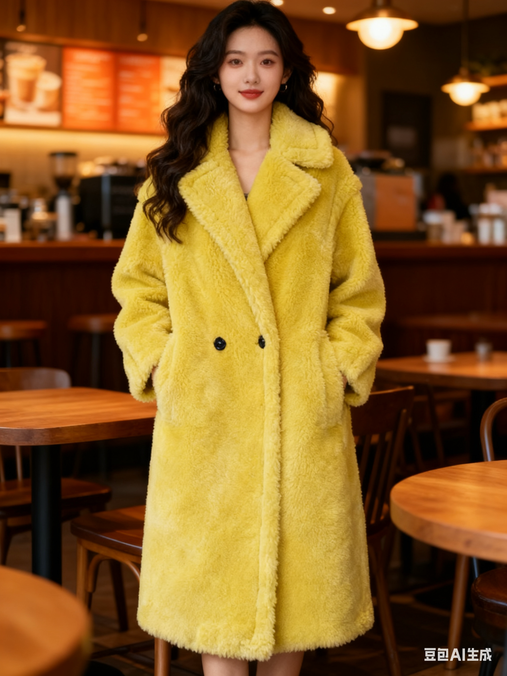 新款泰迪大衣宽松慵懒风长款黄色