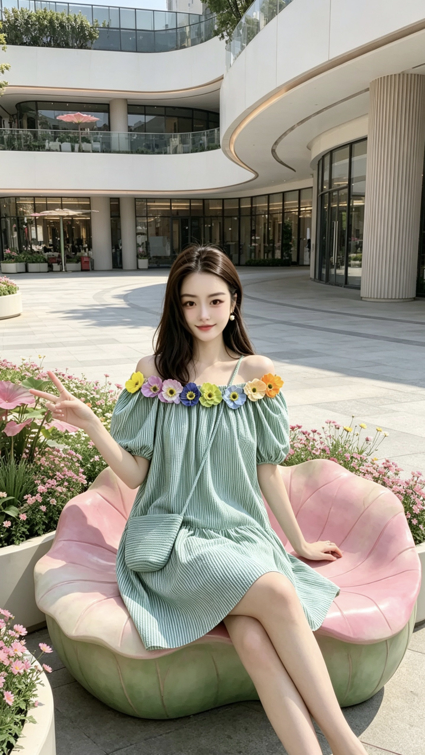 新款设计师款彩色花朵装饰一字肩灯笼袖连衣裙