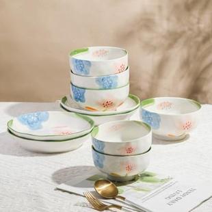 wuxin 家用小清新 莫奈花园陶瓷米饭碗日式 碗盘组合餐具碗碟套装