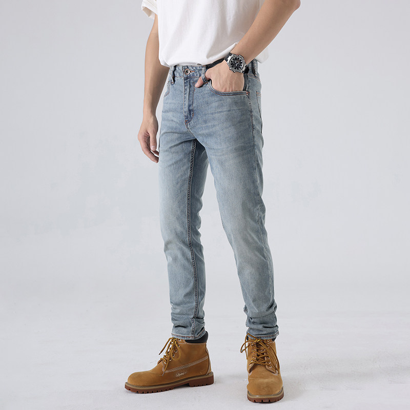 浅色牛仔裤男夏季薄款修身小直筒潮牌长裤弹力青年男士裤子百搭