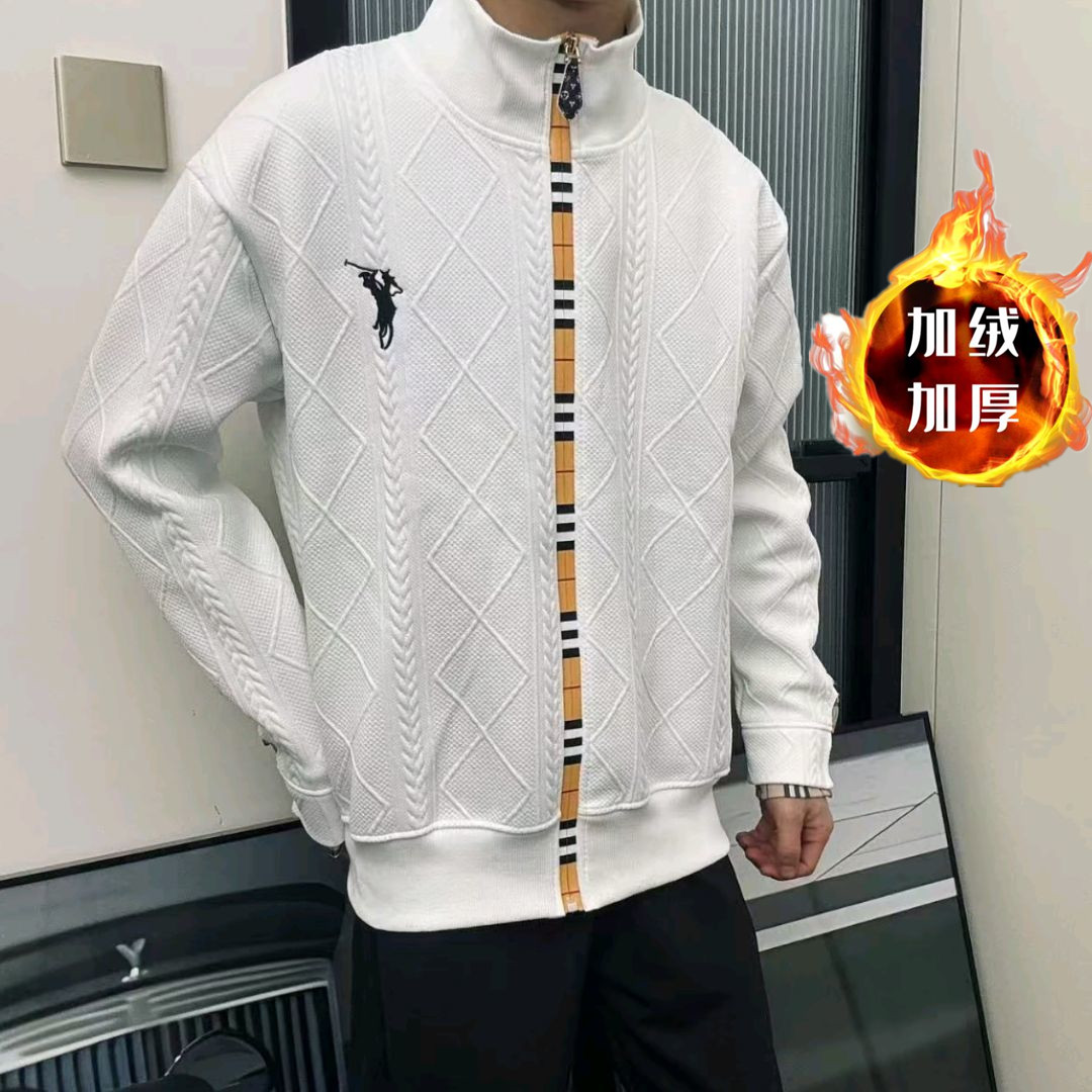 开衫男士卫衣加绒白色外套潮流刺绣休闲百搭拼接夹克加厚新款上衣