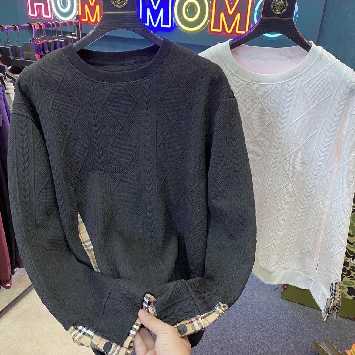 圆领卫衣男修身黑色假两件潮流青年百搭休闲长袖衣服2024秋冬上衣