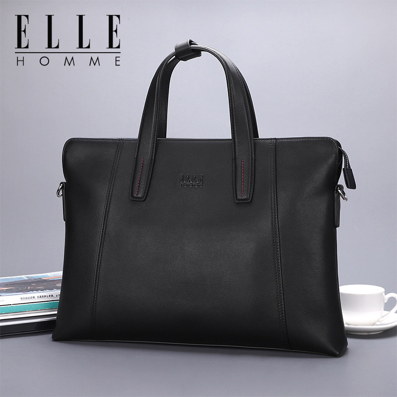 ELLE HOMME男士纯牛皮手提包头层真皮商务出差公文包高档奢侈品牌