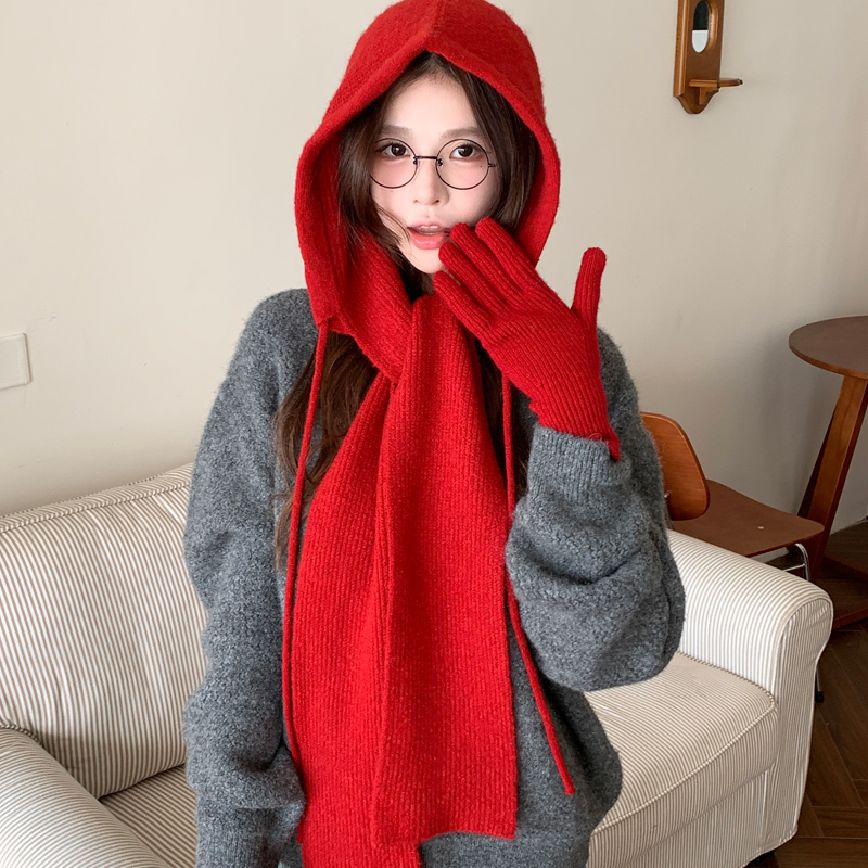 红色冬天帽子围巾一体防寒保暖