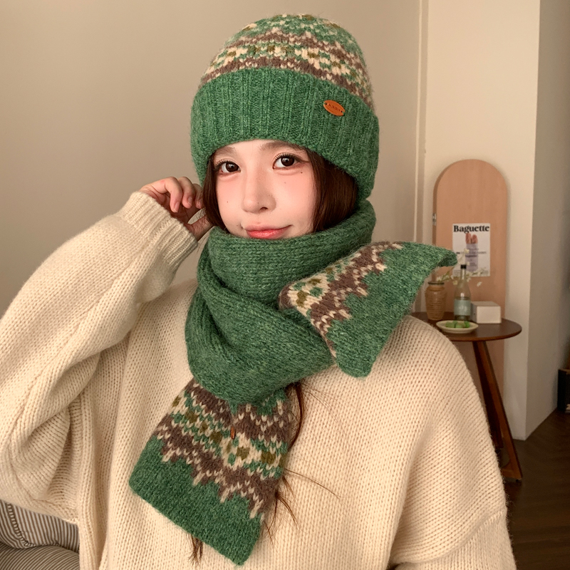 两件套围巾帽子费尔岛复古风女
