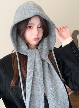 冬天帽子围巾一体防寒保暖女针织围脖加厚成人防寒毛线灰色披肩