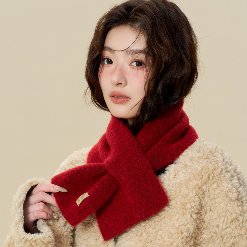 红色毛线围巾女秋冬季本命新年短款小型交叉保暖日韩针织圣诞围脖
