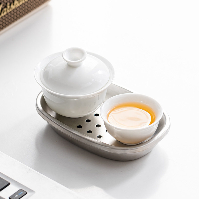 办公室一人饮茶功夫茶具白瓷套装带不锈钢茶盘简约陶瓷盖碗套组