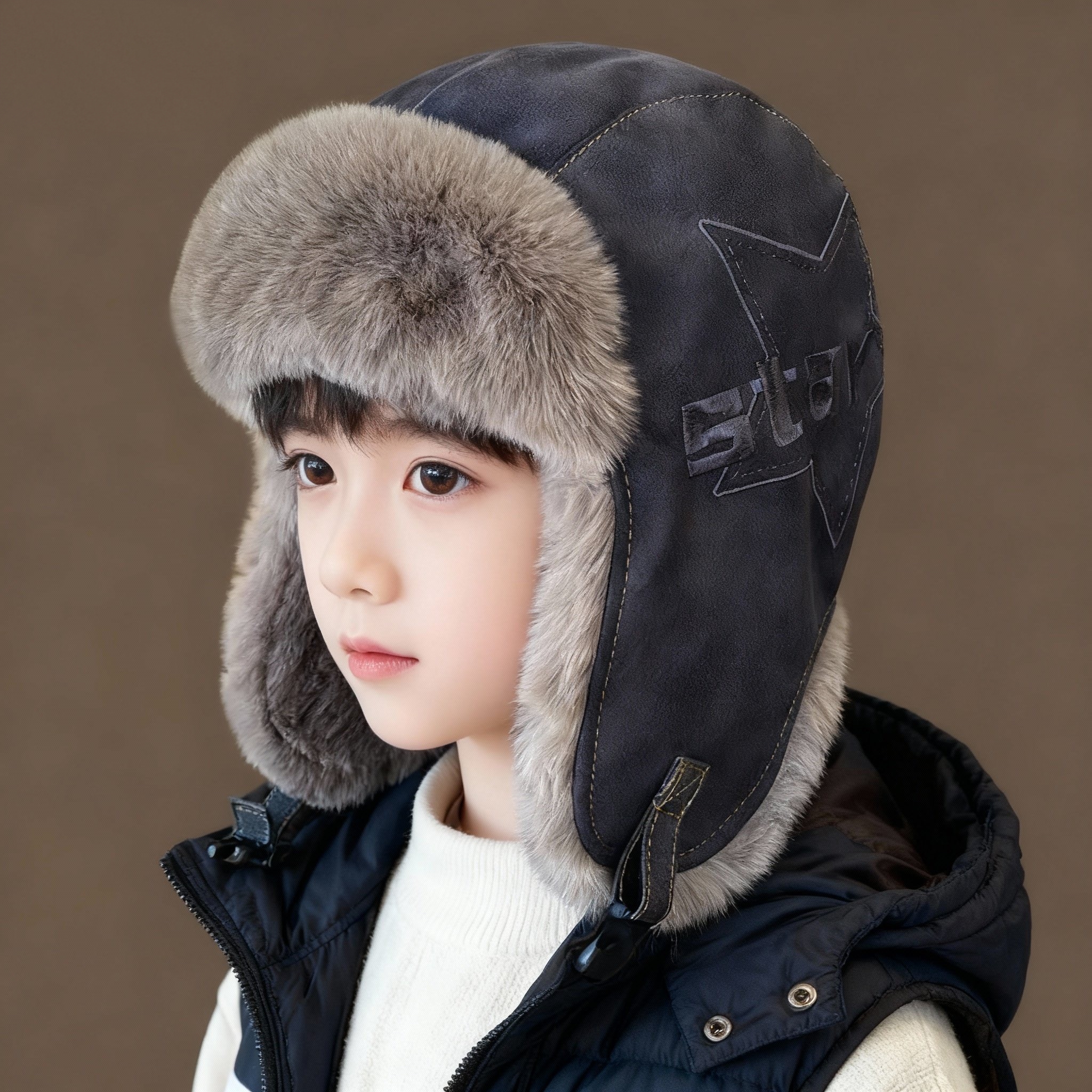 皮儿童帽子冬男童加绒加厚雷锋帽