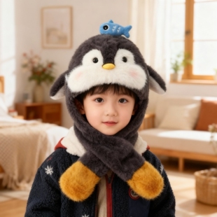 耳朵会动儿童帽子围巾一体两件套男女童宝宝秋冬季保暖加厚毛绒帽