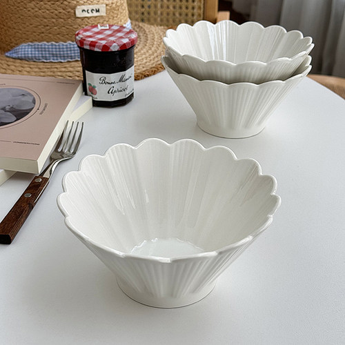 安木良品 韩国ins高颜值纯白色花朵釉下彩陶瓷斗笠沙拉点心酸奶碗