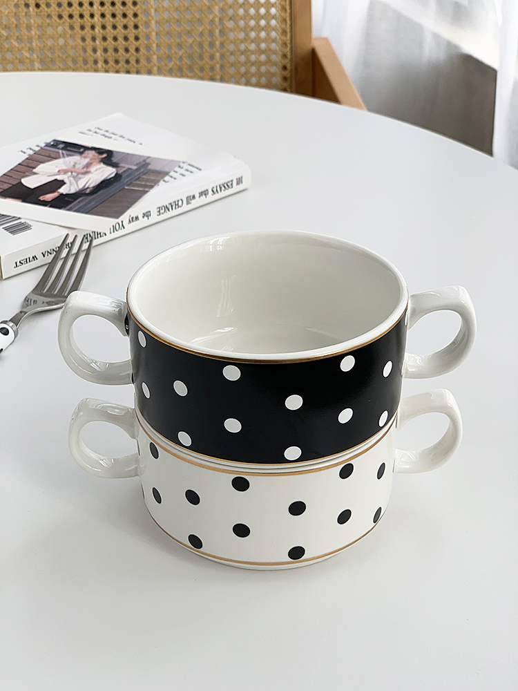 安木良品 外贸出口 韩国ins时尚黑白波点镀金边陶瓷双耳点心小碗