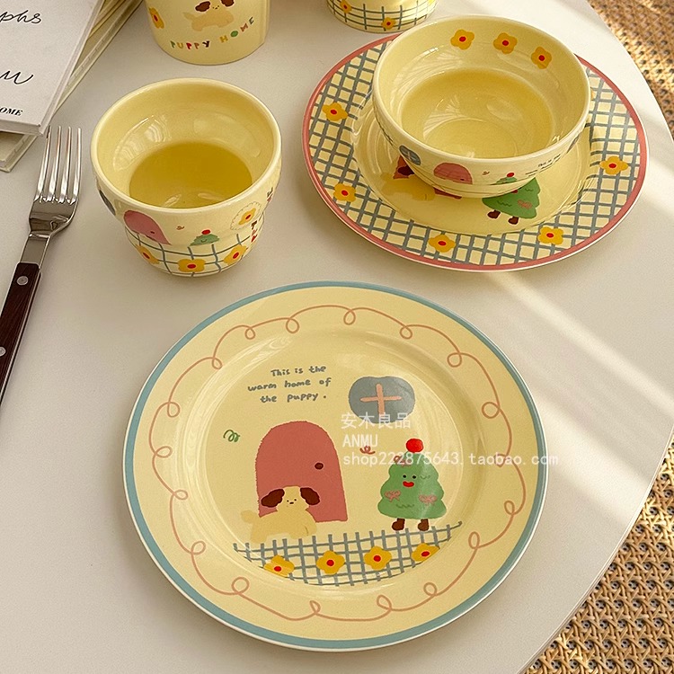 安木良品 韩国ins可爱圣诞节日插画系列奶油黄陶瓷餐具点心碟碗盘