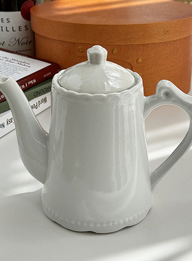 安木良品 外贸老货 法式复古珠点花边浮雕冷白色高温陶瓷水壶茶壶
