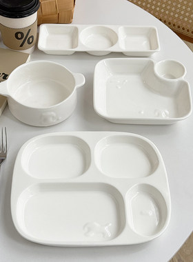 安木良品 外贸出口 韩国ins风纯白浮雕陶瓷餐具减脂轻食餐分隔盘