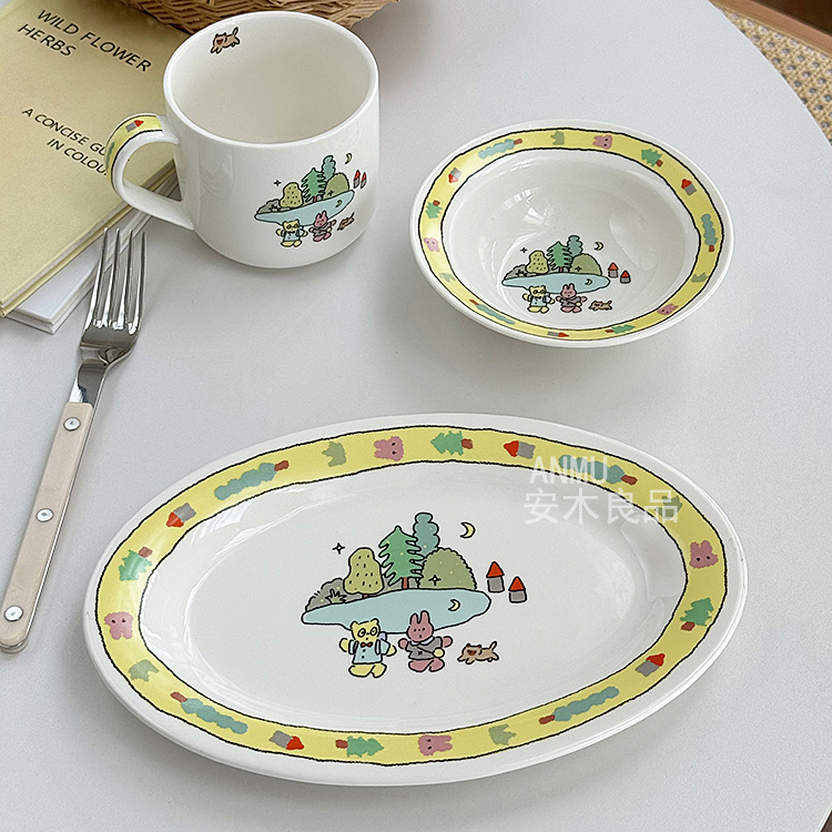 安木良品 韩国ins可爱动物春游卡通陶瓷餐具套装咖啡杯碟餐菜盘子