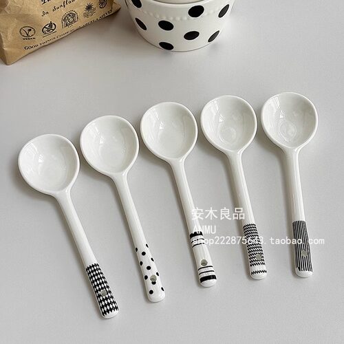 安木良品 韩国ins黑白赫本风高级感陶瓷家用汤勺圆头勺子调羹饭勺