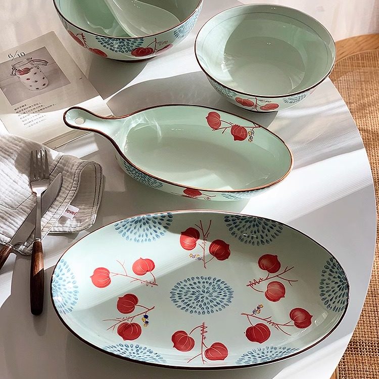 安木良品 出口日单 和风竹叶蒲公英花朵手绘釉下彩高温陶瓷盘子碗,餐饮具,碗,淘宝优惠券,粉丝福利购,淘宝优惠卷