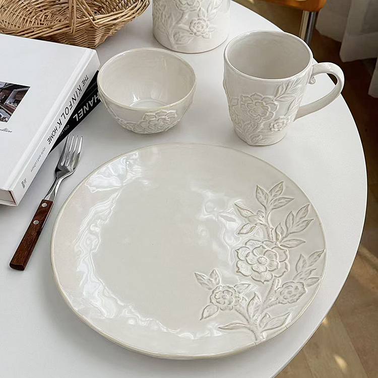 安木良品 外贸原单 法式复古高级感山茶花浮雕陶瓷餐具奶壶碗盘
