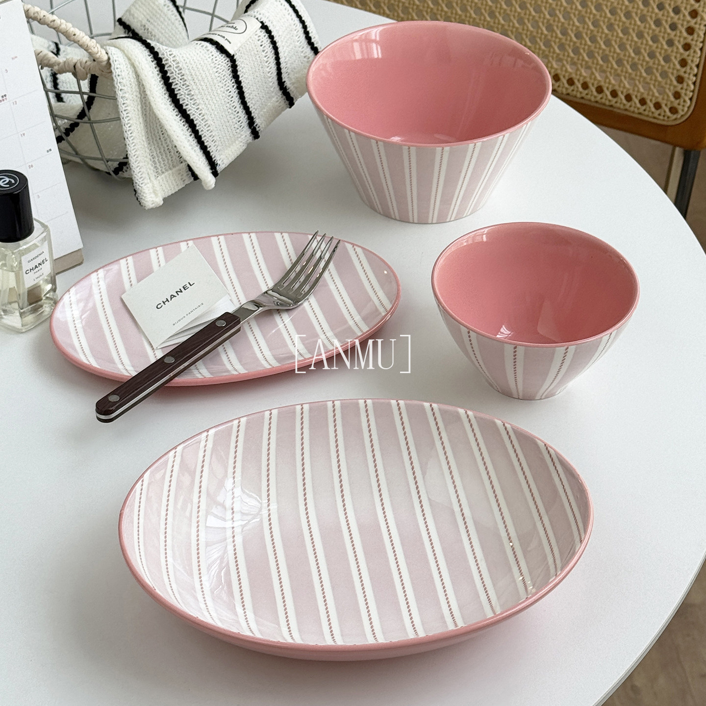 安木良品 外贸原单 北欧ins风艺术粉色条纹陶瓷釉下彩餐具碟碗盘