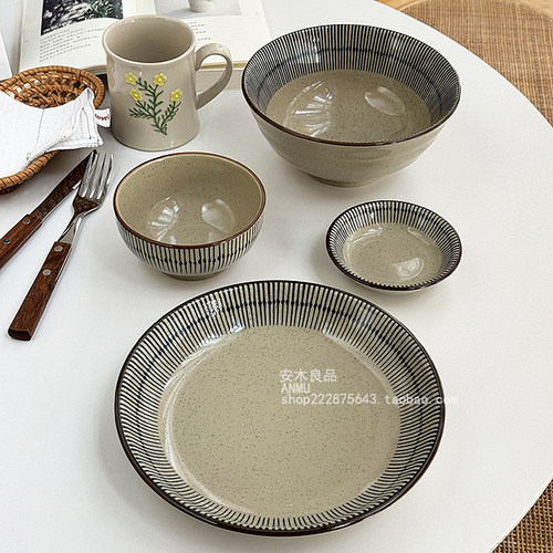 安木良品 大厂订单 日式复古竖纹釉下彩陶瓷餐具汤面饭碗菜盘子
