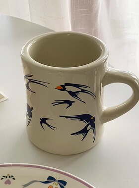 安木良品 外贸原单 ins中古芬兰燕子陶瓷咖啡早餐水杯子马克杯