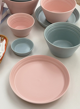 安木良品 出口韩国 多巴胺粉蓝色ins简约纯色陶瓷餐具套装碗盘碟