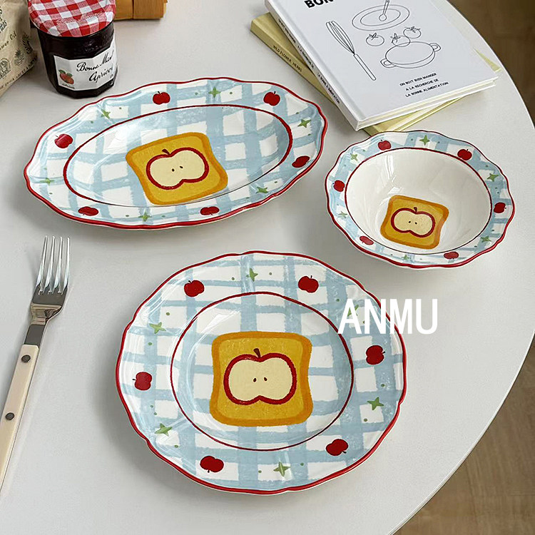 安木良品 韩国ins风高颜值蓝格吐司苹果派陶瓷点心碗鱼盘家用菜盘,餐饮具,盘,淘宝优惠券,粉丝福利购,淘宝优惠卷