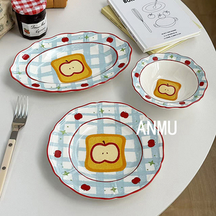 安木良品 韩国ins风高颜值蓝格吐司苹果派陶瓷点心碗鱼盘家用菜盘