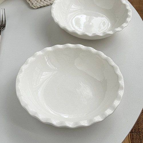 安木良品 出口订单 韩国ins简约波浪边纯白陶瓷大深汤碗家用菜盘