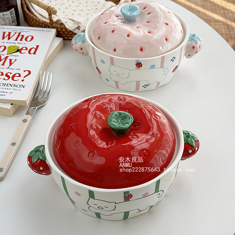 安木良品 大厂订单 可爱草莓猫釉下彩陶瓷早餐宿舍泡面双耳汤碗