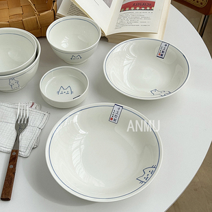 安木良品 ins风猫咪与北极熊陶瓷餐具家用米饭面碗碟菜盘子 日式