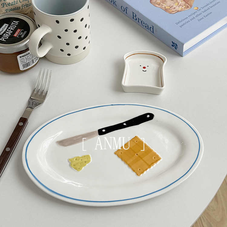 安木良品 外贸出口 韩国ins风手绘奶酪饼干陶瓷西餐早餐椭圆碟盘