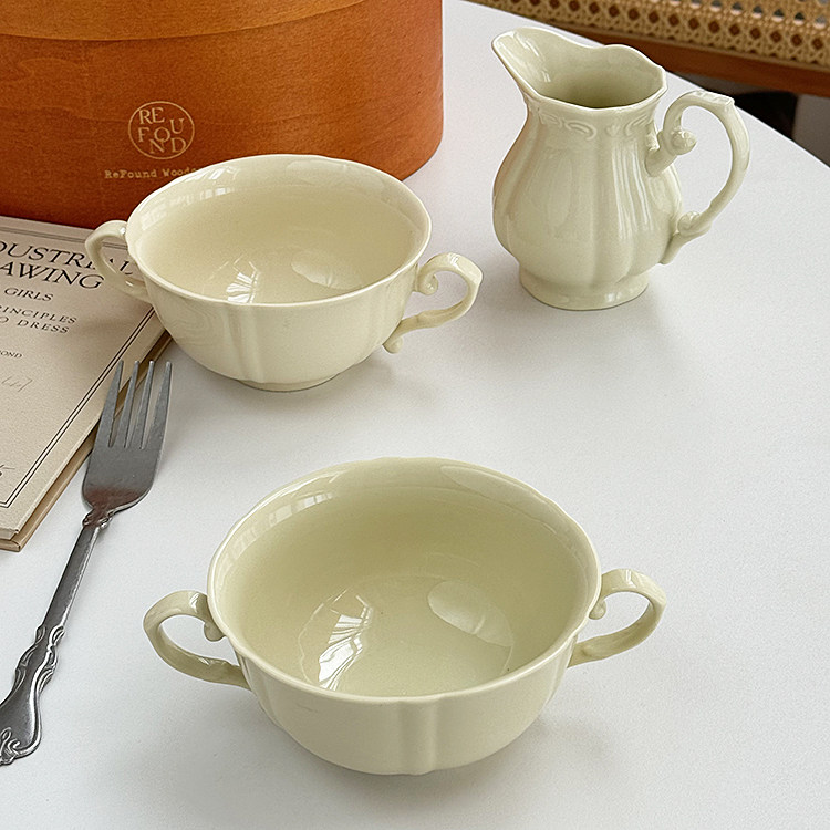 安木良品 外贸出口 法式复古陶土色釉下彩陶瓷奶壶甜品早餐双耳碗,餐饮具,碗,淘宝优惠券,粉丝福利购,淘宝优惠卷