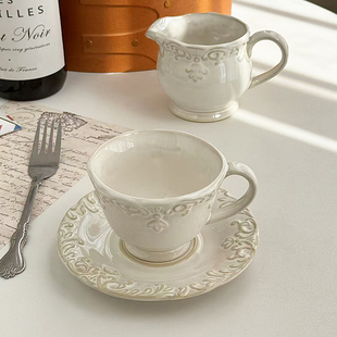 安木良品 外贸原单 法式复古重工浮雕陶瓷奶壶下午茶咖啡杯碟套装
