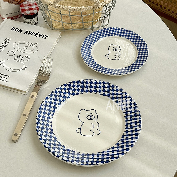 安木良品 大厂订单 韩国ins风小熊蓝格边陶瓷早餐点心甜品碟盘子,餐饮具,盘,淘宝优惠券,粉丝福利购,淘宝优惠卷