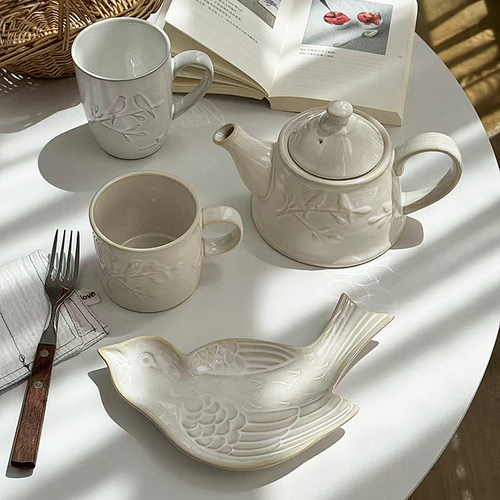 安木良品 外贸原单 田园复古日式小鸟浮雕陶瓷花瓶茶具马克杯茶壶