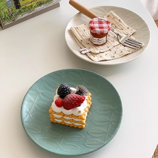 安木良品 复古田园风浮雕树叶片哑光陶瓷甜心小碟餐盘子 外贸出口